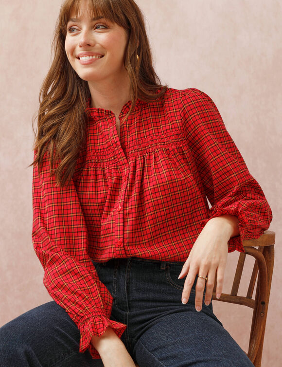 Chemisier smocké col volanté à carreaux (rouge) Chemisier smocké col volanté à carreaux (rouge)